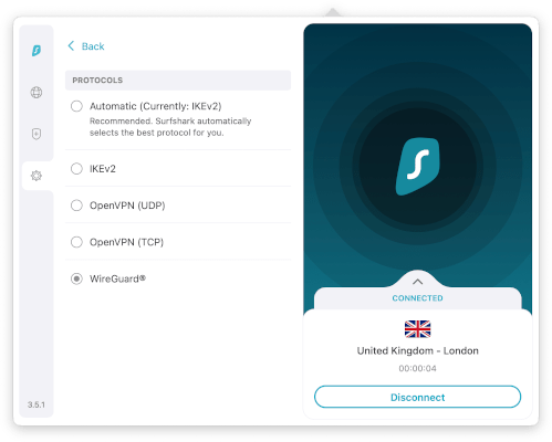 WireGuard and OpenVPN options in Surfshark VPN's protocol selection settings