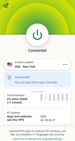 zrzut ekranu z aplikacji mobilnej usługi ExpressVPN połączonej z serwerem w Nowym Jorku