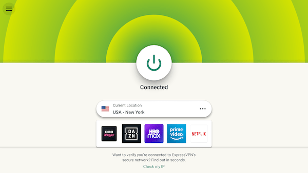 Pantalla principal de la aplicación para Google TV de ExpressVPN