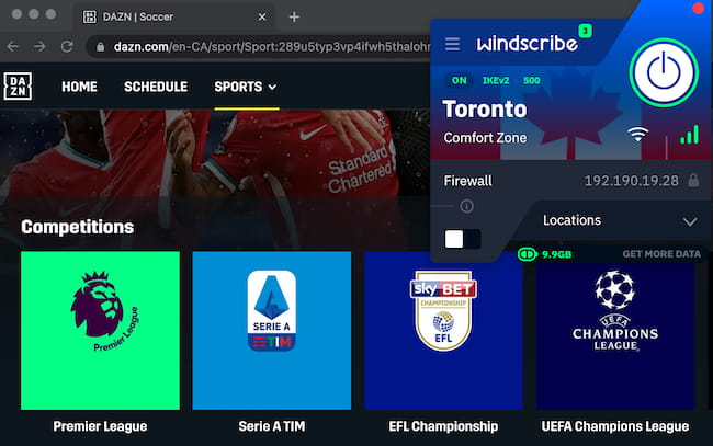 Captura de pantalla de Windscribe accediendo DAZN Canadá
