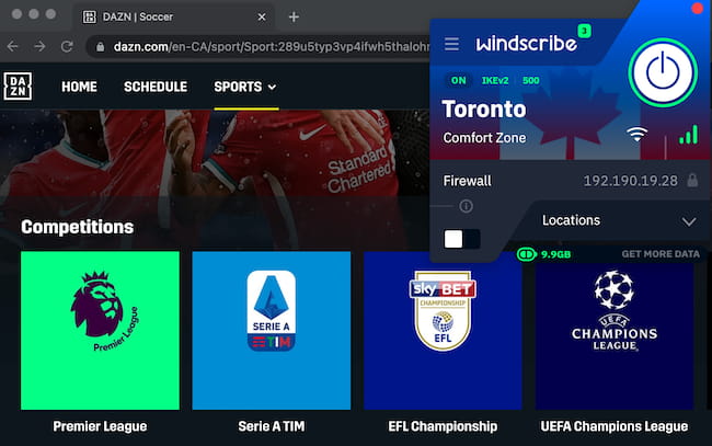 Windscribe Free works with DAZN