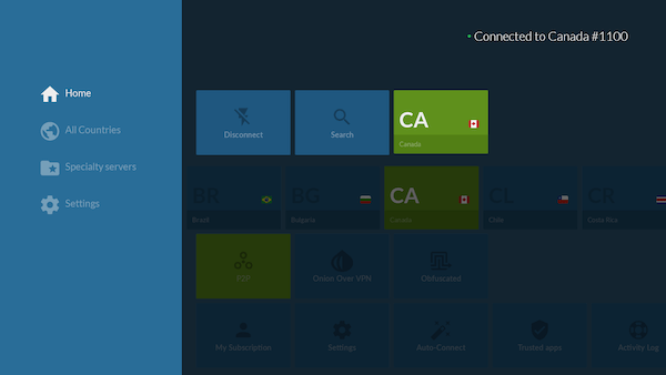 Pantalla principal de la aplicación para Google TV de NordVPN