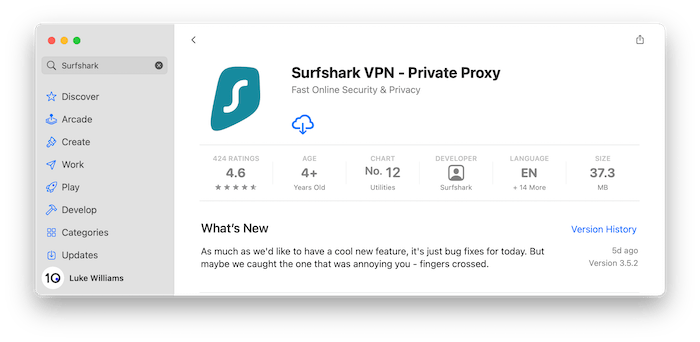 App Store results when searching 'Surfshark'