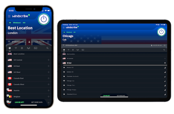 Windscribe's app for iOS and iPadOS.