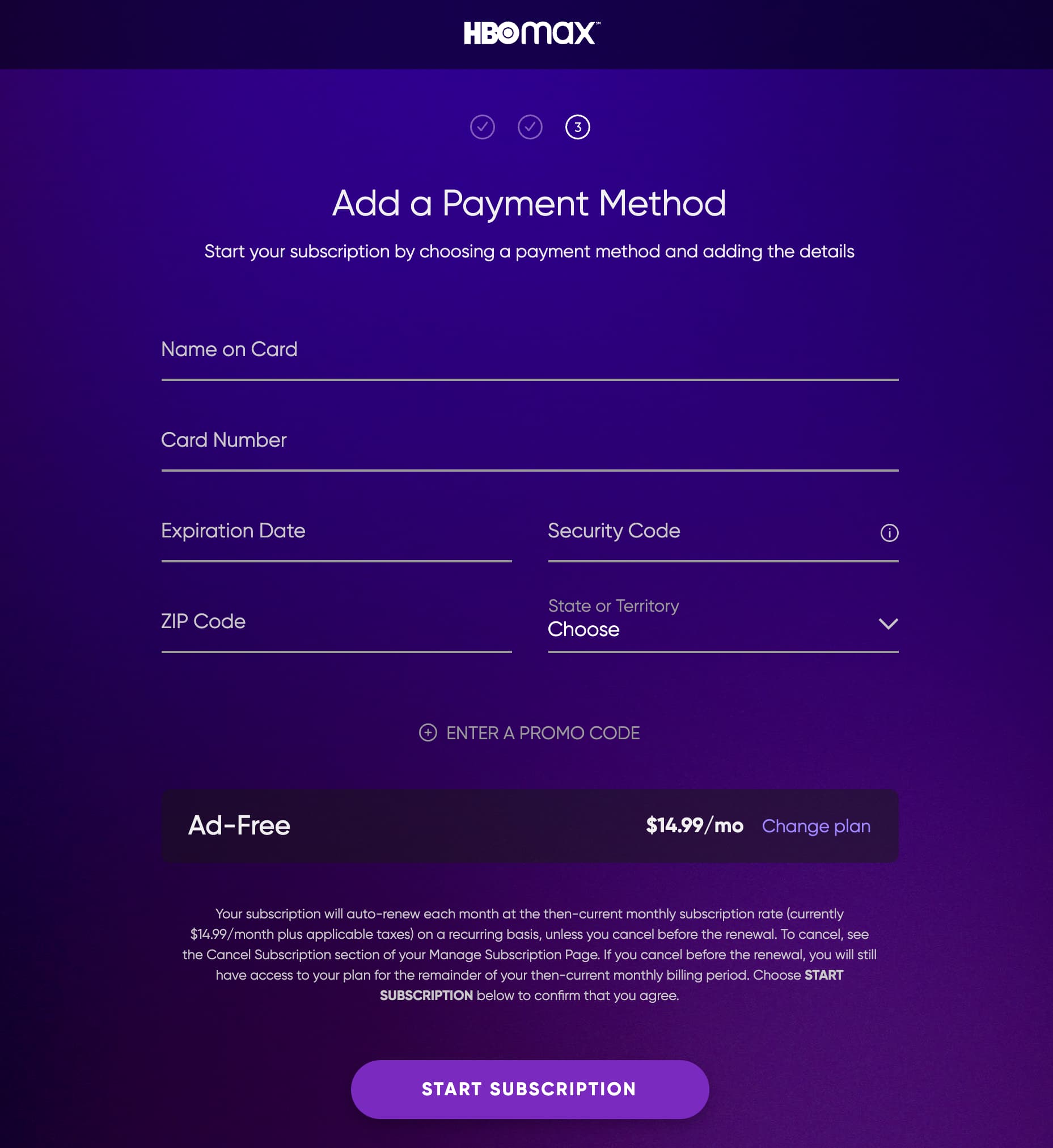 HBO Max payment page