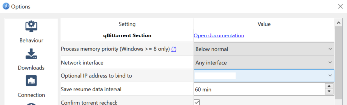 menu de recursos avançados do qbittorrent com a vinculação ip em destaque