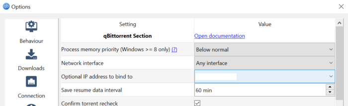 the qbittorrent advanced features menu with ip binding highlighted