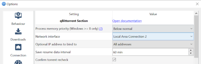 the qbittorrent advanced features menu with network interface highlighted