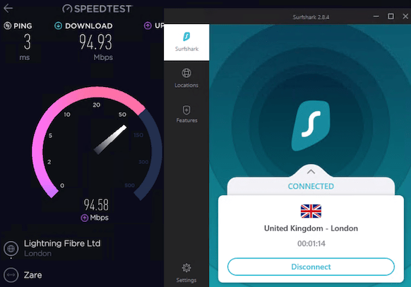 zrzut ekanu pokazujący wynik testu prędkości Surfshark przy połączeniu z Londynem