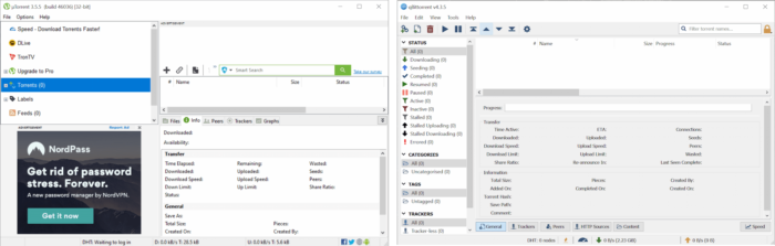 uTorrent (left) and qBittorrent (right) side by side