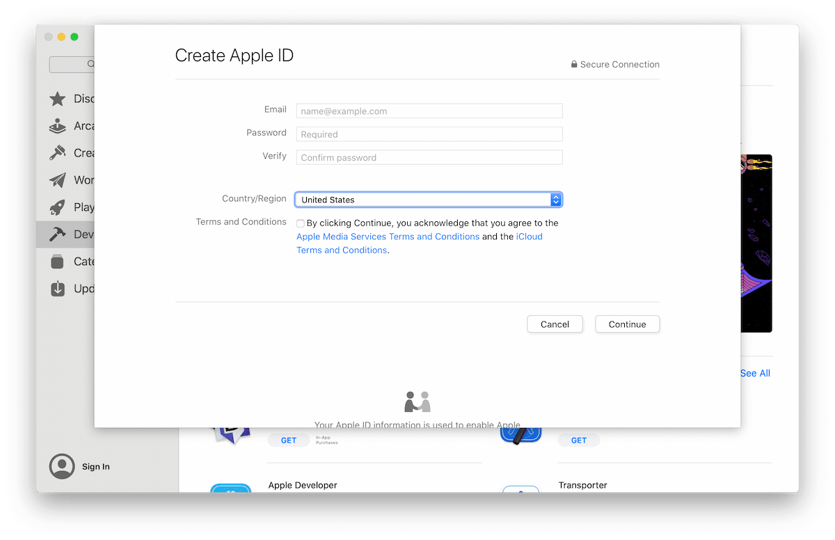 Apple ID creation screen