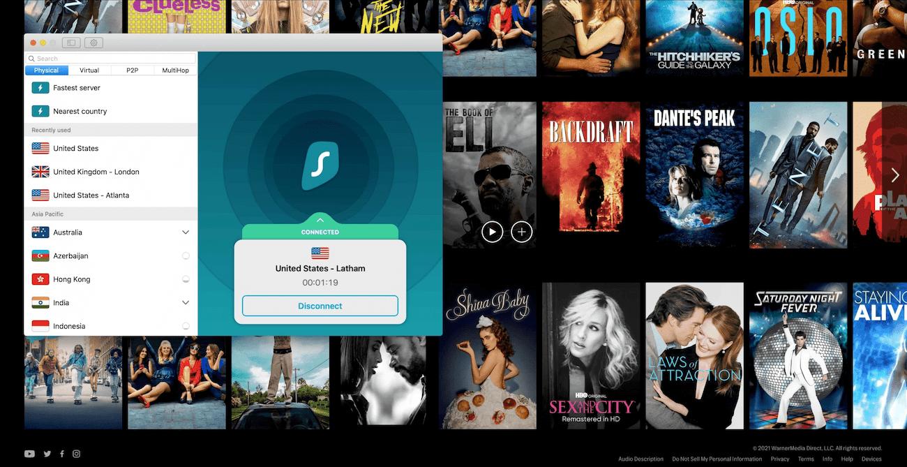 Surfshark al lado de la aplicación de HBO Max