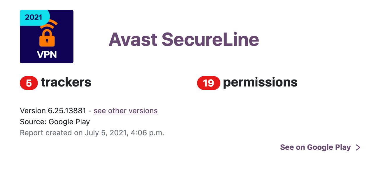 La aplicación para Android de Avast SecureLine incorpora cinco rastreadores y 19 permisos.