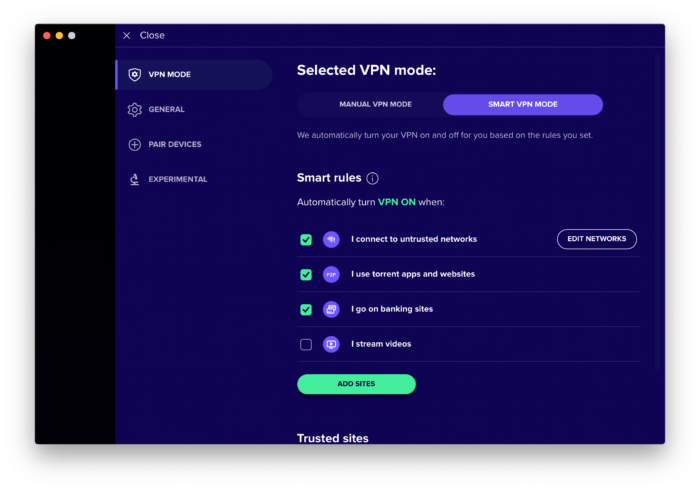 Avast SecureLine's Smart Mode on desktop