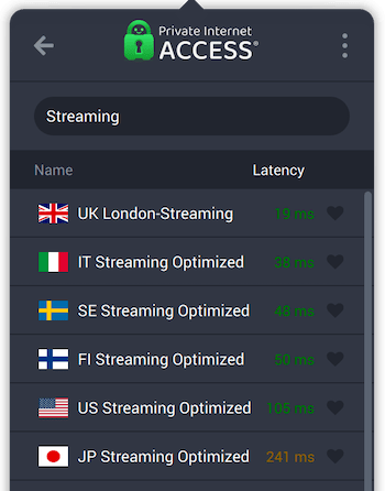 List of streaming servers in the Private Internet Access app