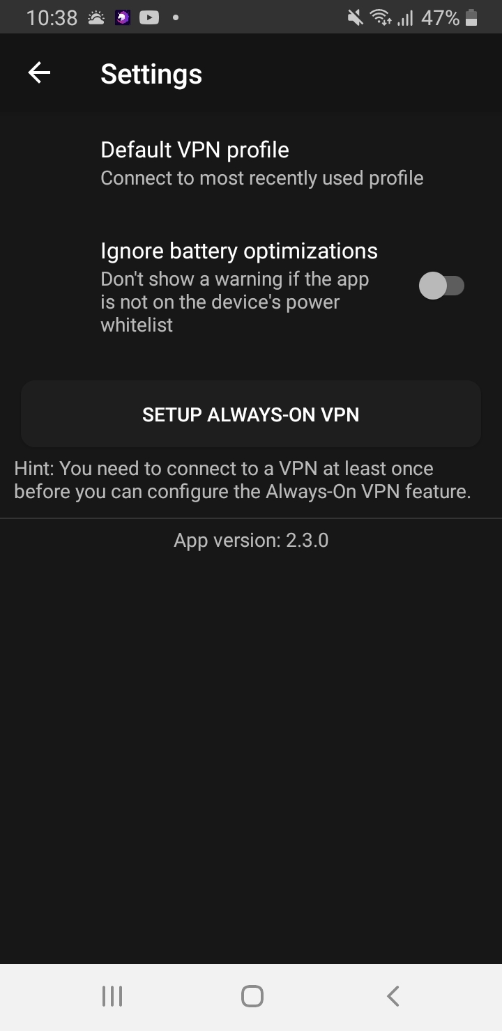 Screenshot of Perfect Privacy's Android settings