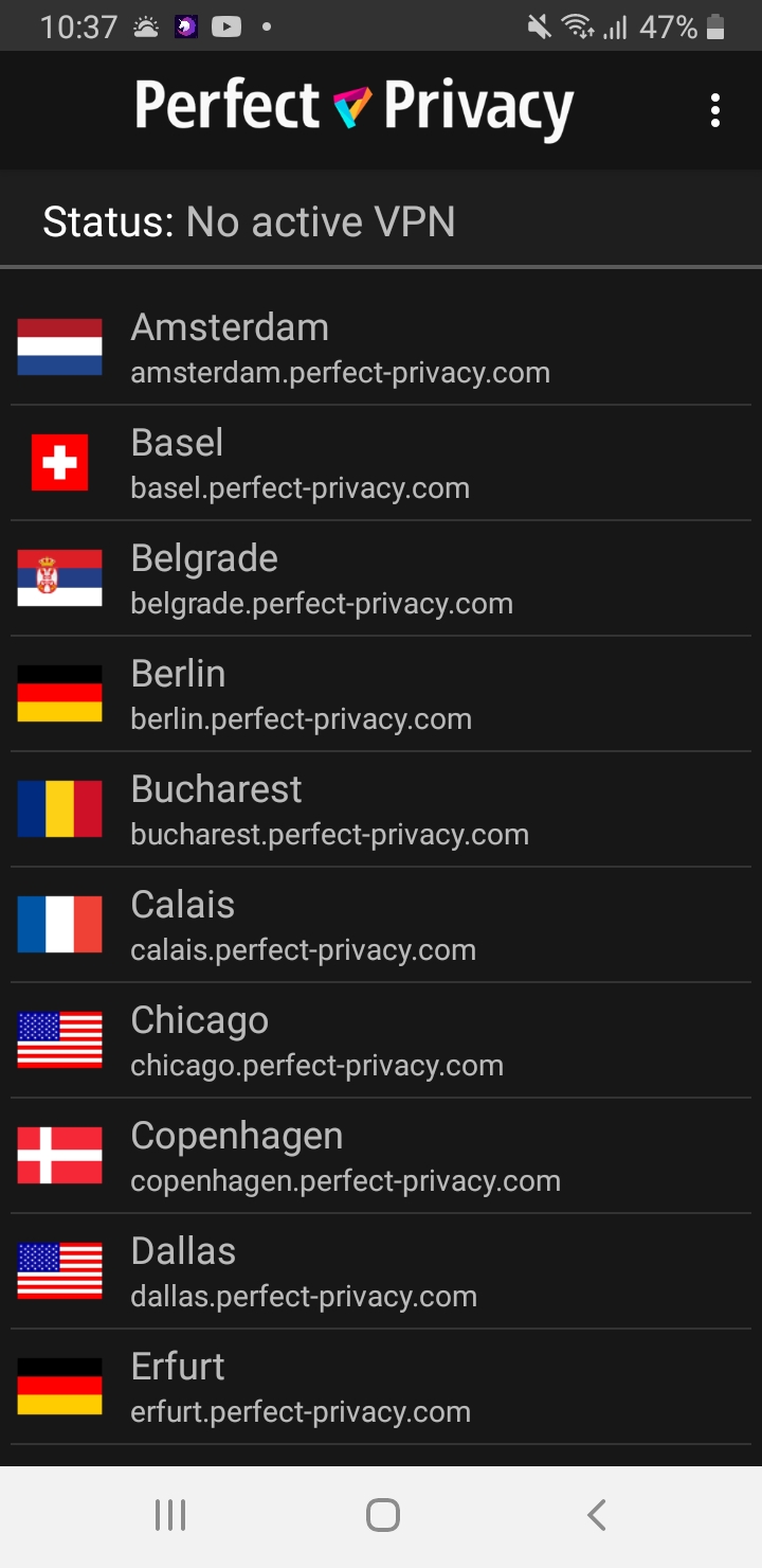 Screenshot of Perfect Privacy's Android menu