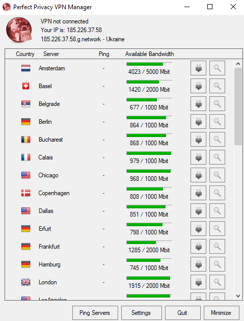 Screenshot of the main menu of the Perfect Privacy Windows app (new)