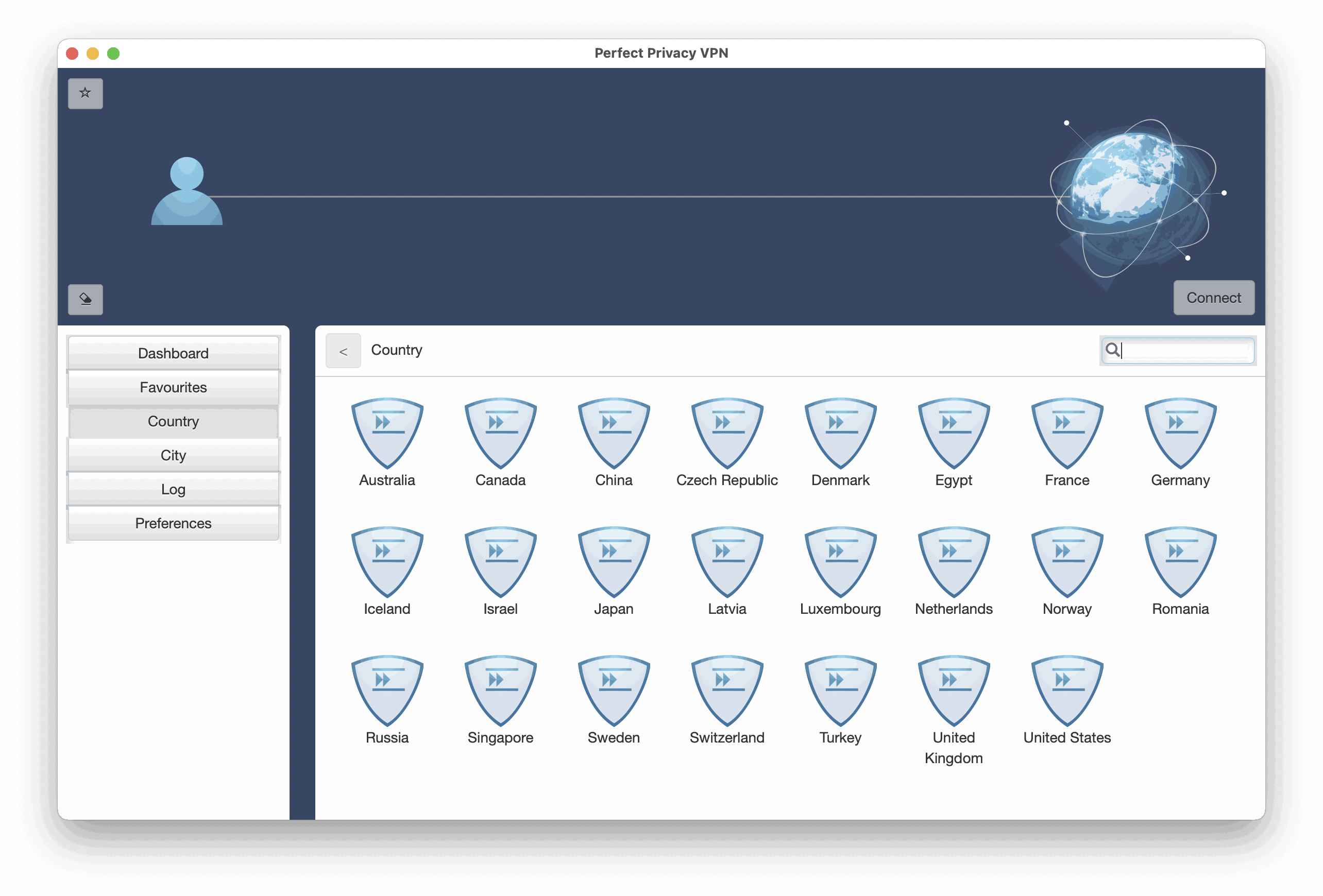 Screenshot of main screen of Perfect Privacy's Mac app