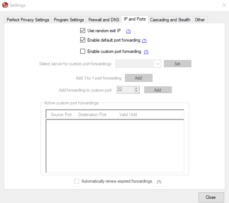 Screenshot of Perfect Privacy's Windows settings (new)