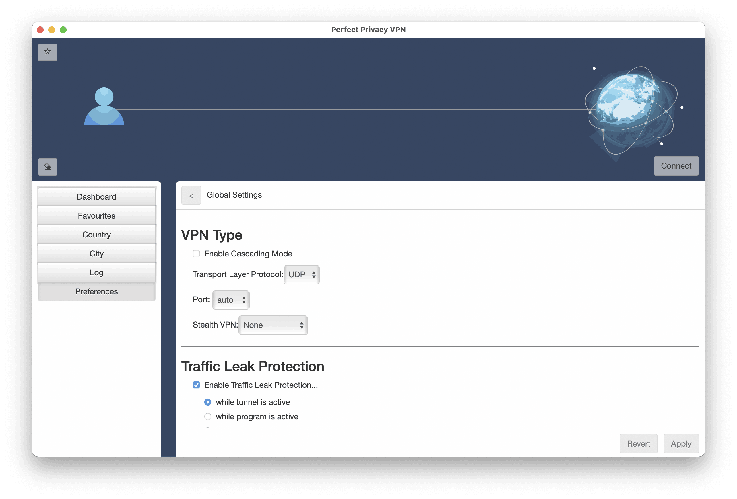 Screenshot of Perfect Privacy's Mac settings