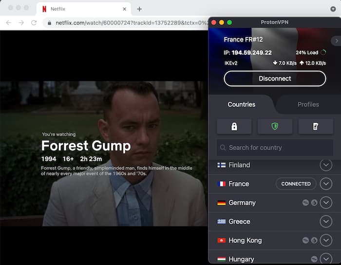 Streaming the French Netflix library using Proton VPN