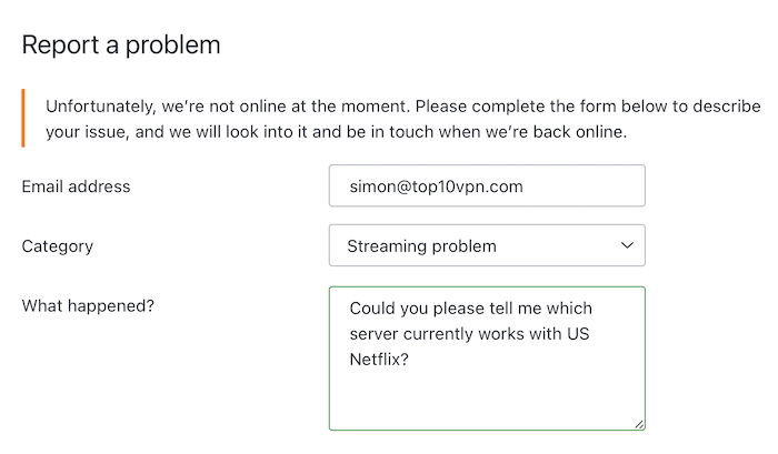 Formulário de contato do suporte por e-mail do Proton VPN
