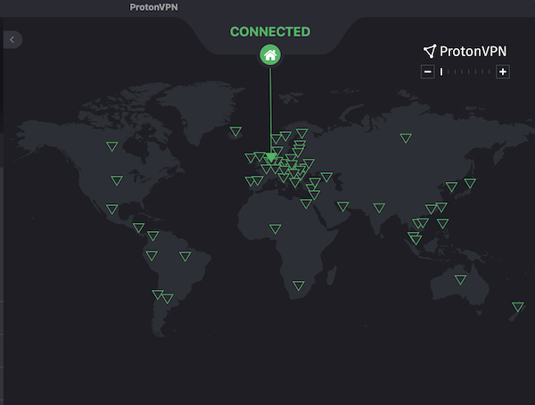 A map showing the global spread of Proton VPN's servers