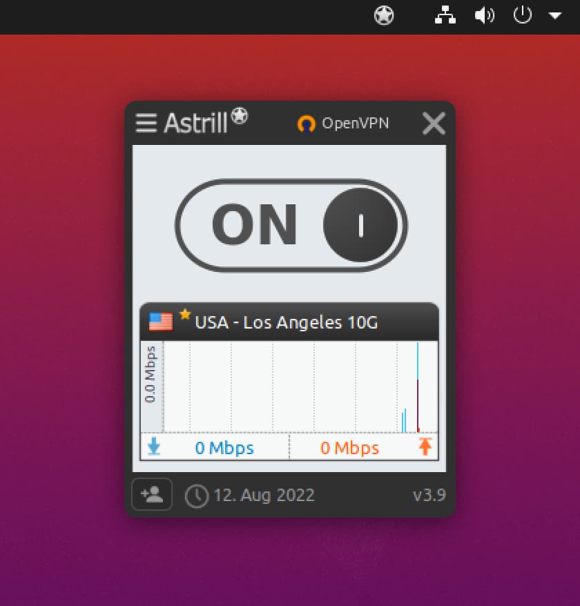 Astrill VPN app home screen on Linux