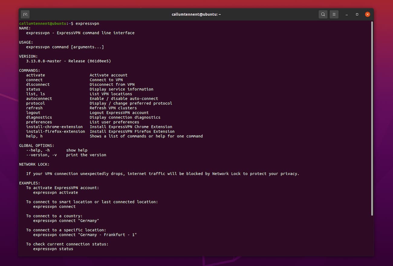 CLI da ExpressVPN em execução no Linux Ubuntu