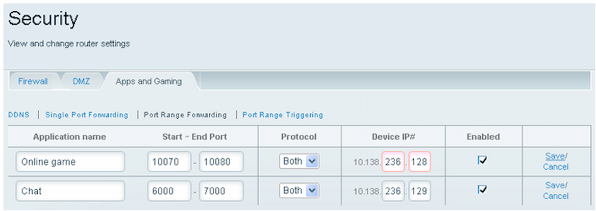 Menú de reenvío de puertos en router de Linksys