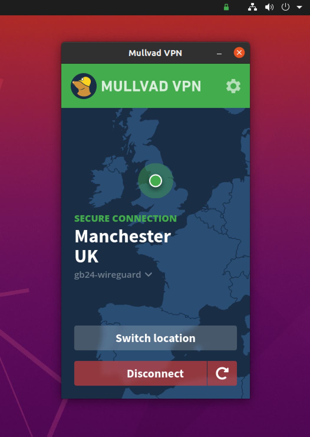 Mullvad VPN app home screen on Linux