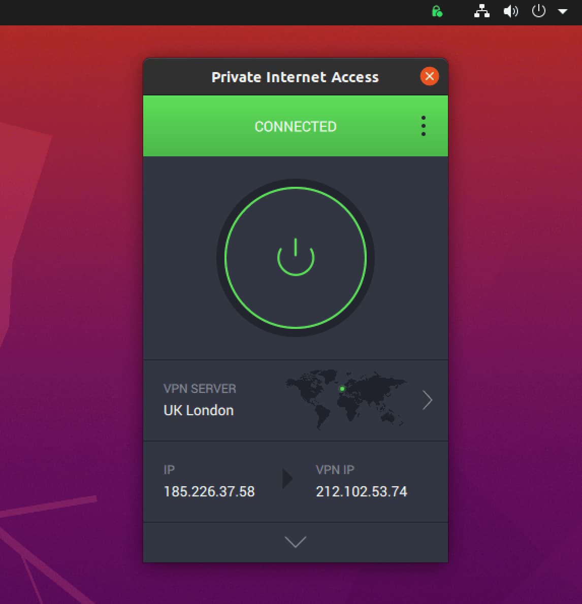 Private Internet Access VPN app home screen on Linux