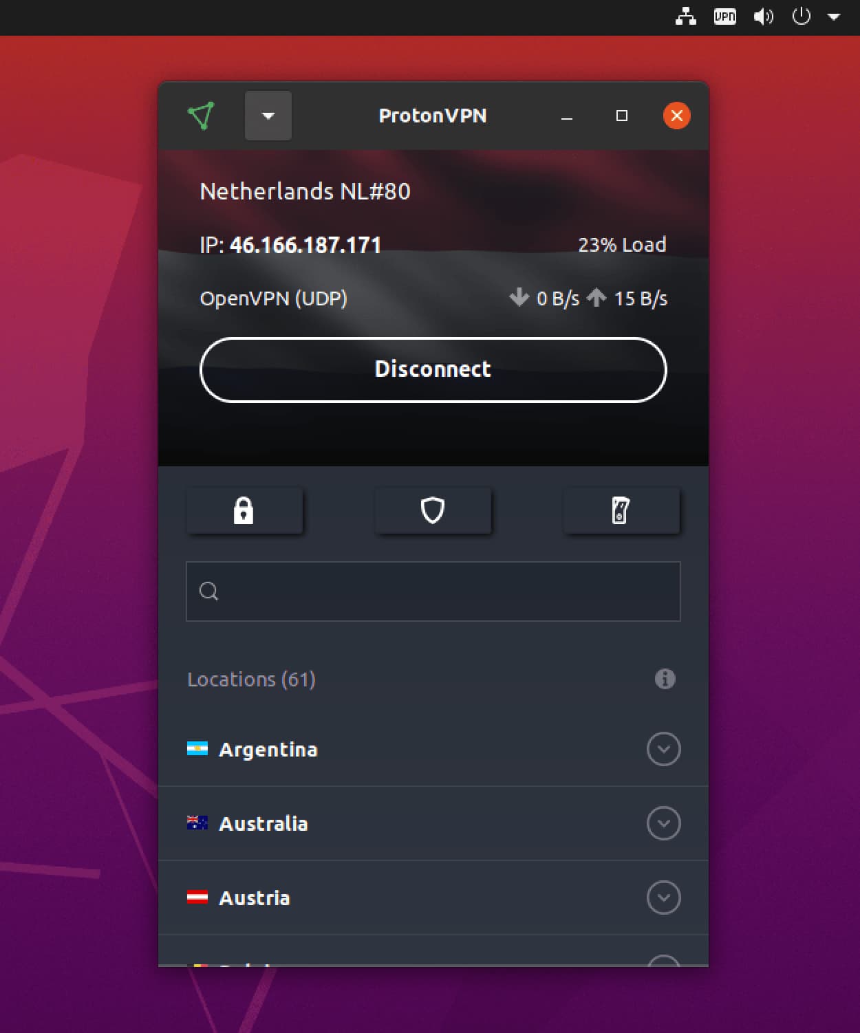 Captura de pantalla de la aplicación de Proton VPN para Linux