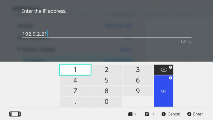 Menú para introducir la dirección IP en una Nintendo Switch