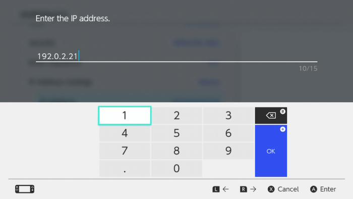 IP Address input menu on a Nintendo Switch