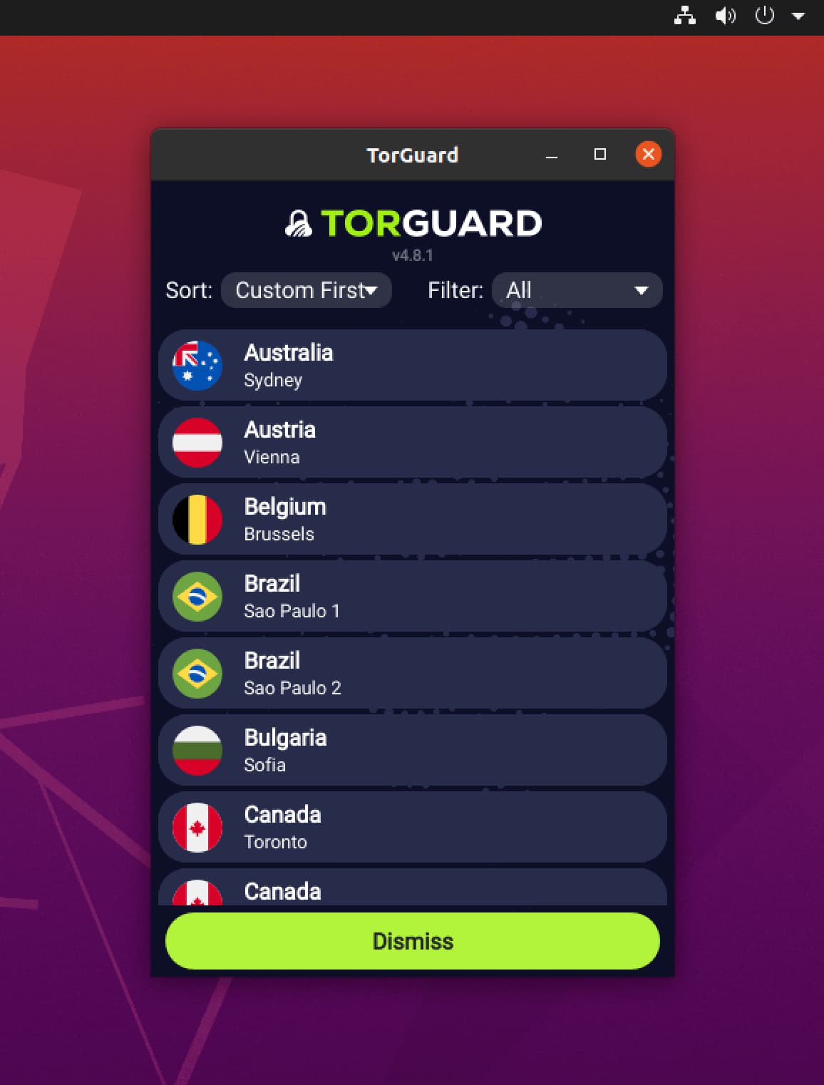 TorGuard VPN app home screen on Linux