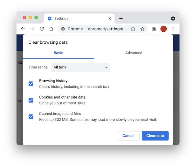 Czyszczenie plików cookie i pamięci podręcznej w przeglądarce Google Chrome.