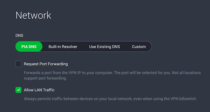 Ativando o DNS da PIA no aplicativo da PIA VPN
