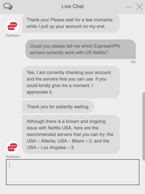 Menghubungi dukungan pelanggan ExpressVPN untuk menemukan server yang berfungsi di Netflix