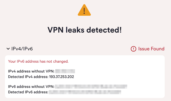 Strumento di test dei leak che rileva un leak IPv6