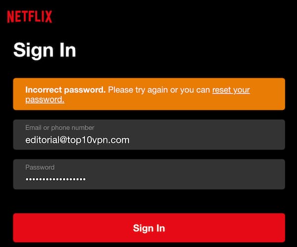 넷플릭스의 "잘못된 비밀번호" VPN 오류 메시지