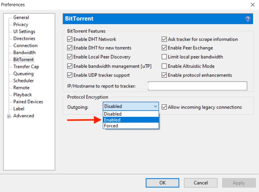  Ajustes de encriptación de uTorrent