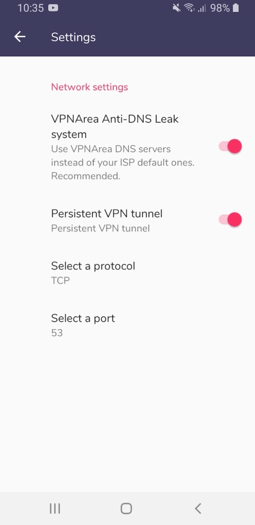 Screenshot of VPNArea's Android client settings page. There's options to turn on Anti-DNS Leak, auto-connecting, and port forwarding.