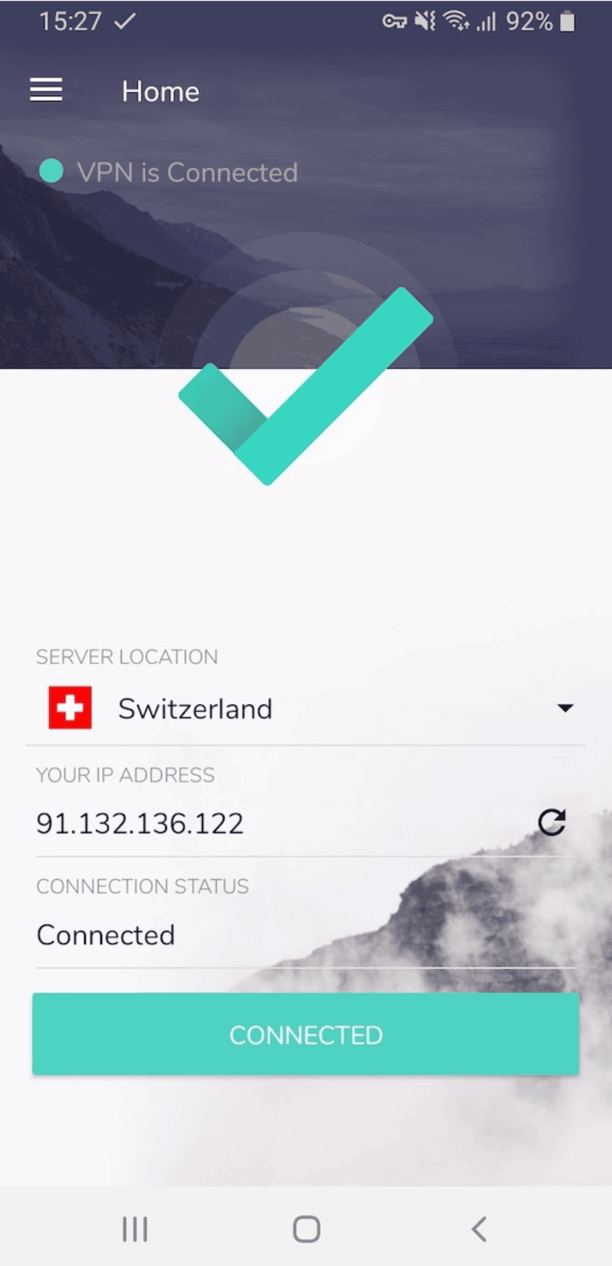 Screenshot of VPNArea client on Android. It shows a successful connection to a server in Switzerland and the users' new IP address.