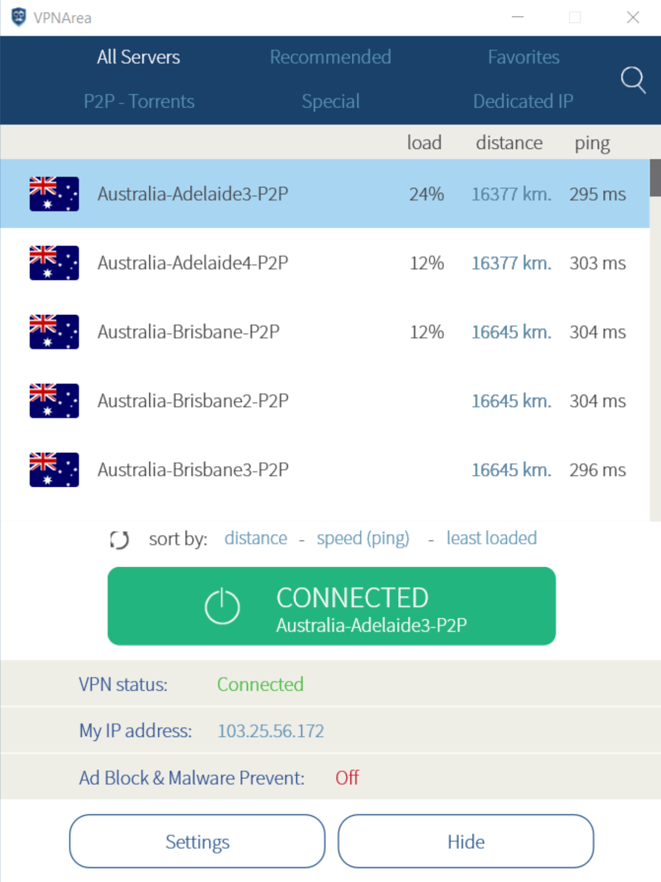 A screenshot of VPNArea connected to a server in Australia. The server is called "Australia-Adelaide3-P2P."