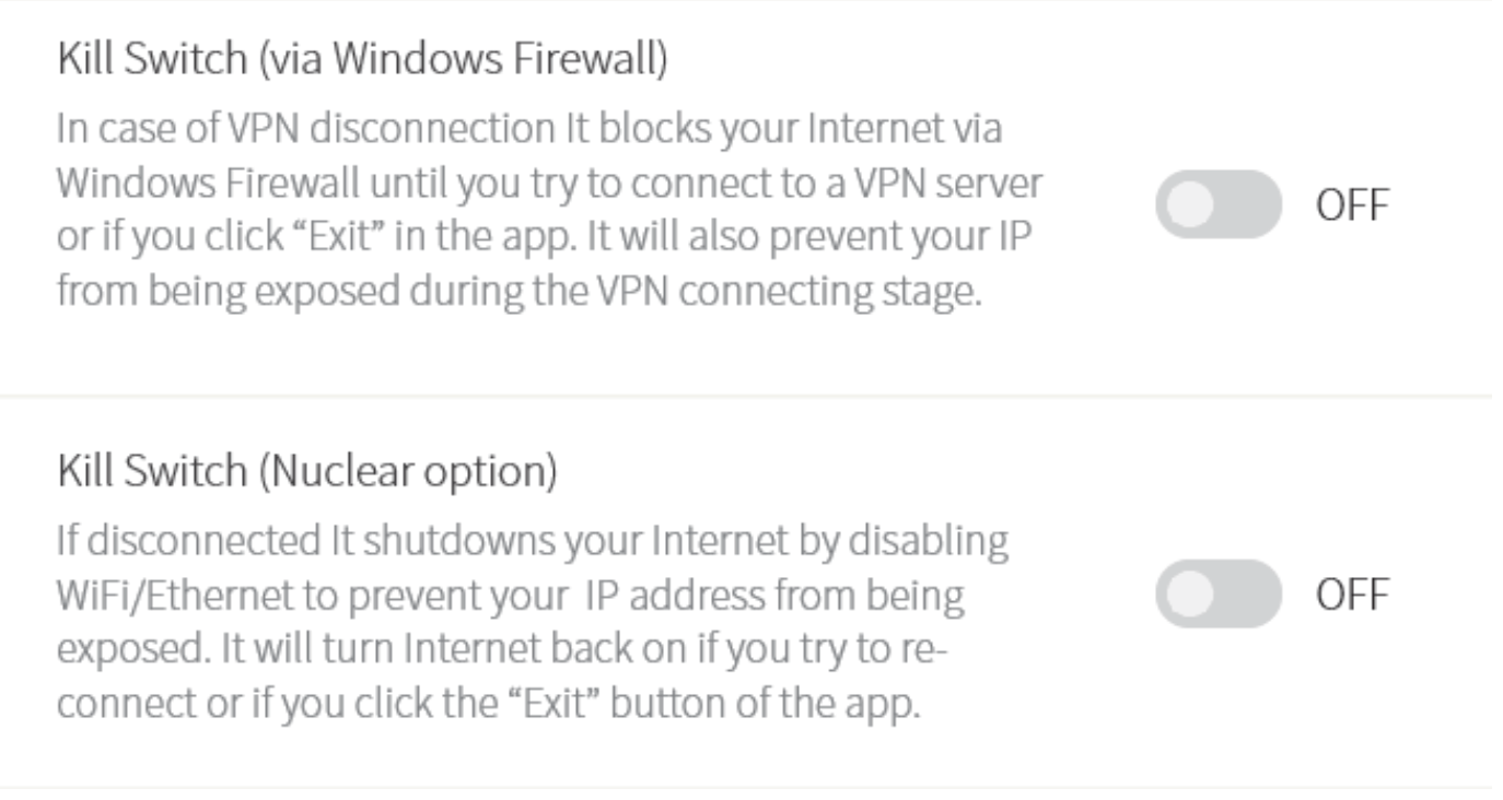 A screenshot inside the Windows VPNArea client. It shows two options for a Kill Switch: via the Windows Firewall and a nuclear option that disconnects from the internet. 