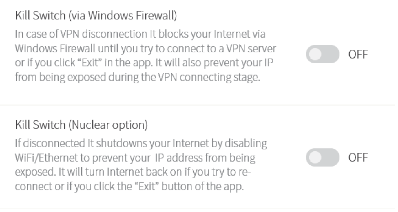 A screenshot inside the Windows VPNArea client. It shows two options for a Kill Switch: via the Windows Firewall and a nuclear option that disconnects from the internet.