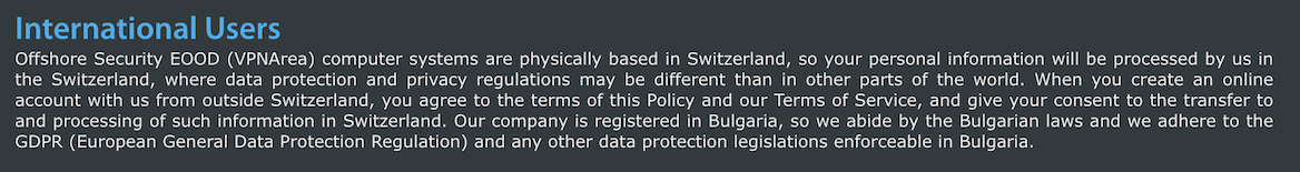  Una captura de pantalla de los términos y condiciones de VPNArea para enseña que se adhieren a las leyes en Bulgaria y Suiza. 