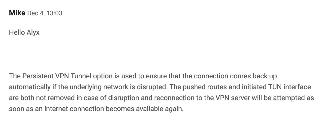 Screenshot of an email from VPNArea's customer support, showing them explain the function of "Persistent VPN tunnel."